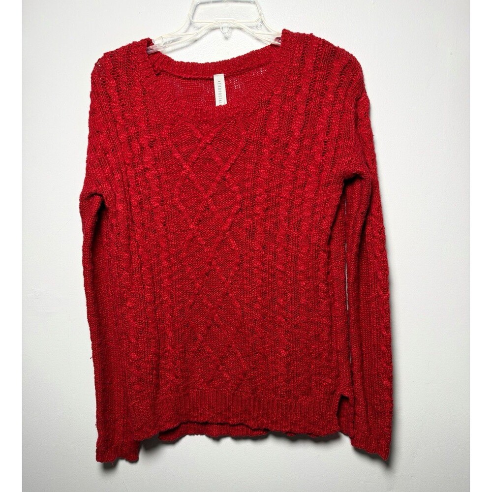 Aeropostale Women’s S/P Red Solid Cable-Knit Scoop Neck Pullover Sweater Acrylic